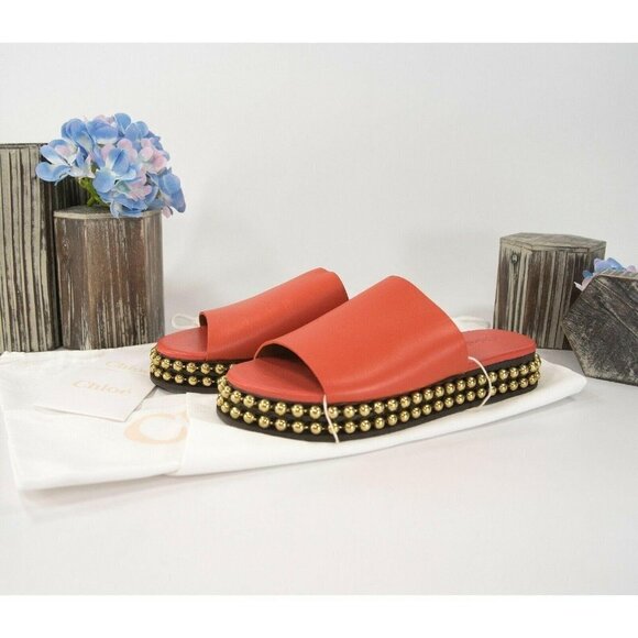 Chloe Orange Leather Bead Chain Flat Mules Slides - Picture 2 of 7